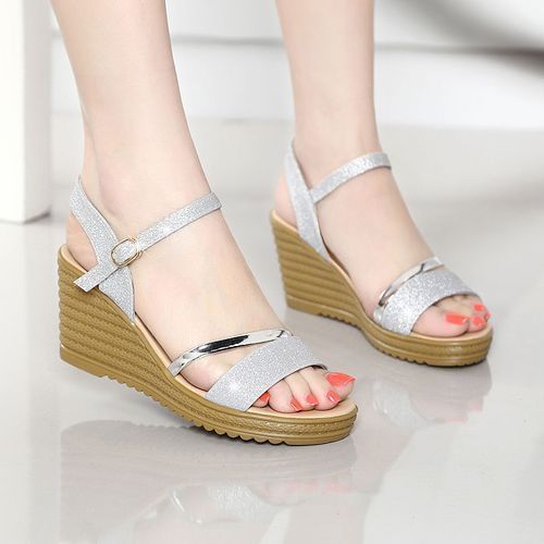 Women's Glitter Wedge Heeled Sandals Fish Mouth Shoes-Silver