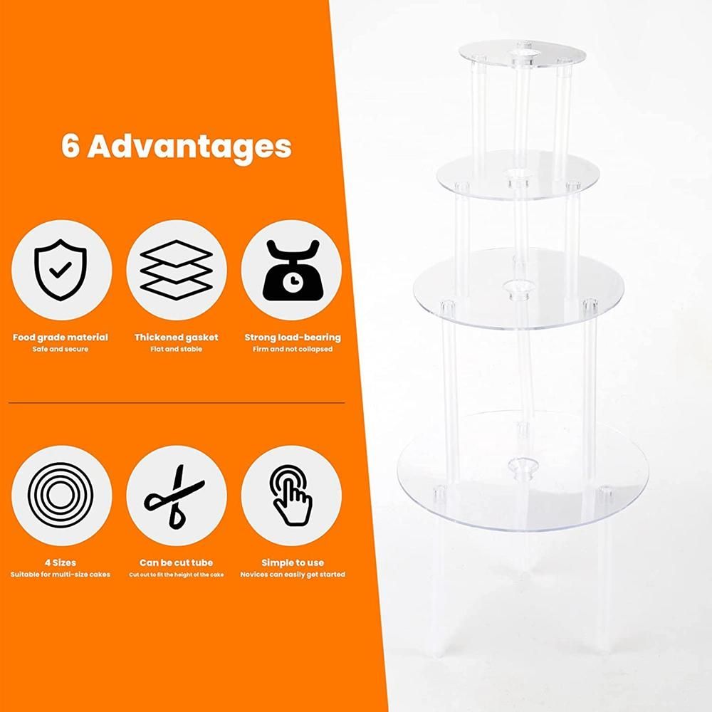 Cake Stand Cake Plate 4 Reusable Cake Supports with 12 Plastic Dowel Rods Cake Supports for Multi-Tier Cake Decoration