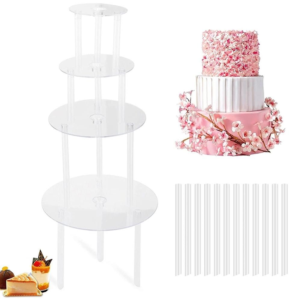 Cake Stand Cake Plate 4 Reusable Cake Supports with 12 Plastic Dowel Rods Cake Supports for Multi-Tier Cake Decoration