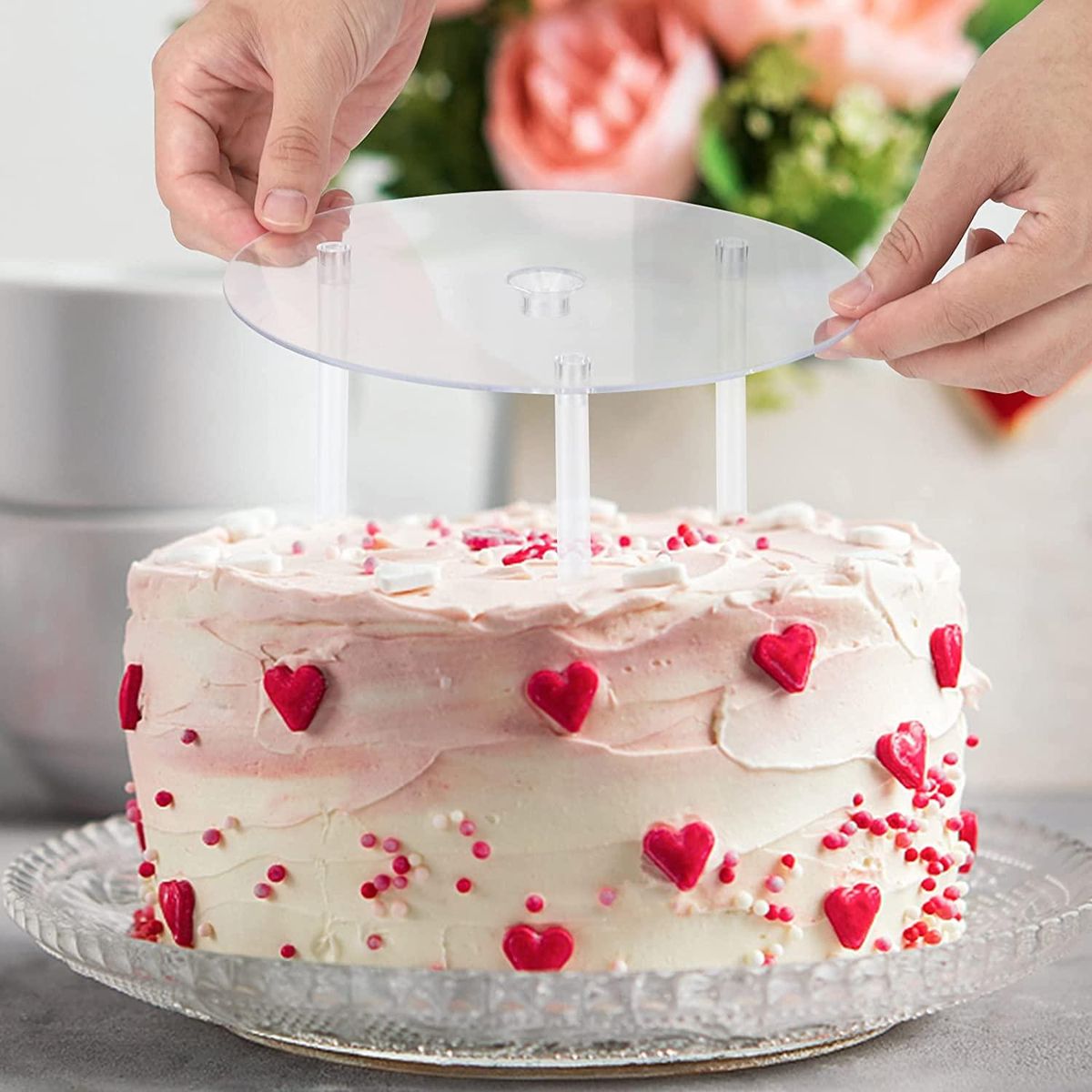 Cake Stand Cake Plate 4 Reusable Cake Supports with 12 Plastic Dowel Rods Cake Supports for Multi-Tier Cake Decoration