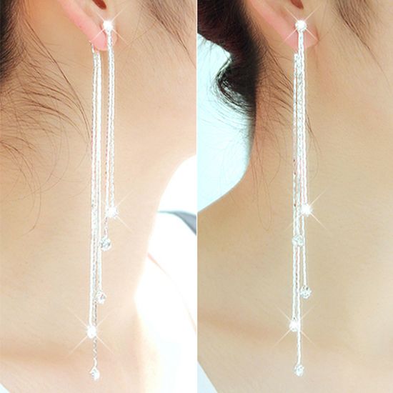 Women\'s Rhinestone Super Long Tassels Drop Dangle Cocktail Party Linear Earrings-Silver