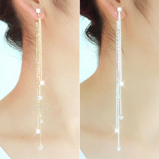 Women\'s Rhinestone Super Long Tassels Drop Dangle Cocktail Party Linear Earrings-Silver