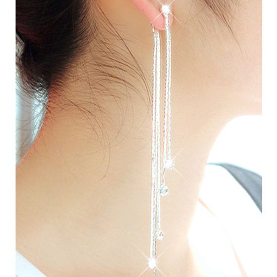 Women\'s Rhinestone Super Long Tassels Drop Dangle Cocktail Party Linear Earrings-Silver
