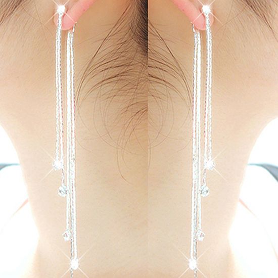 Women\'s Rhinestone Super Long Tassels Drop Dangle Cocktail Party Linear Earrings-Silver