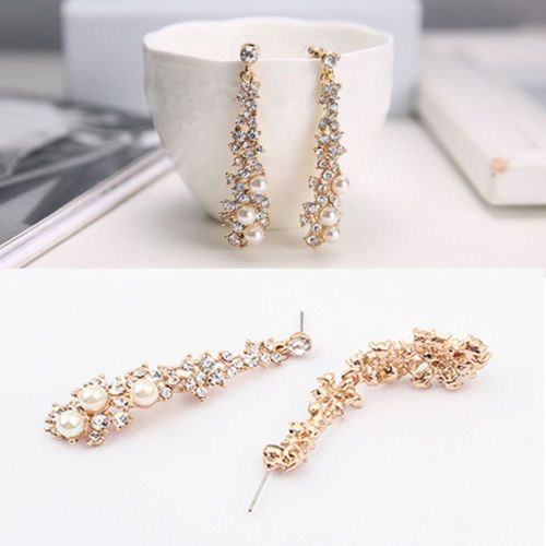 Elegant Fashion Women Pearl Rhinestone Dangle Chandelier Drop Earrings Jewelry