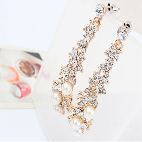Elegant Fashion Women Pearl Rhinestone Dangle Chandelier Drop Earrings Jewelry