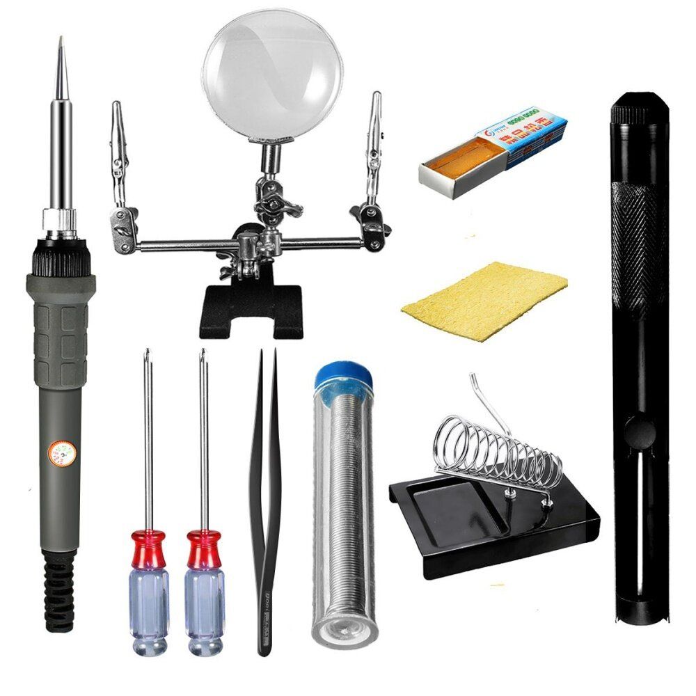 1 SET US 60W 110V Electric Iron Kit Incl. Adjustable Temperature Welding Iron, Magnifier Station, Rosin Flux, 2x Screwdrivers,Desoldering Pump,Solder Wire, Tweezer, Stand And Sponge American Rules