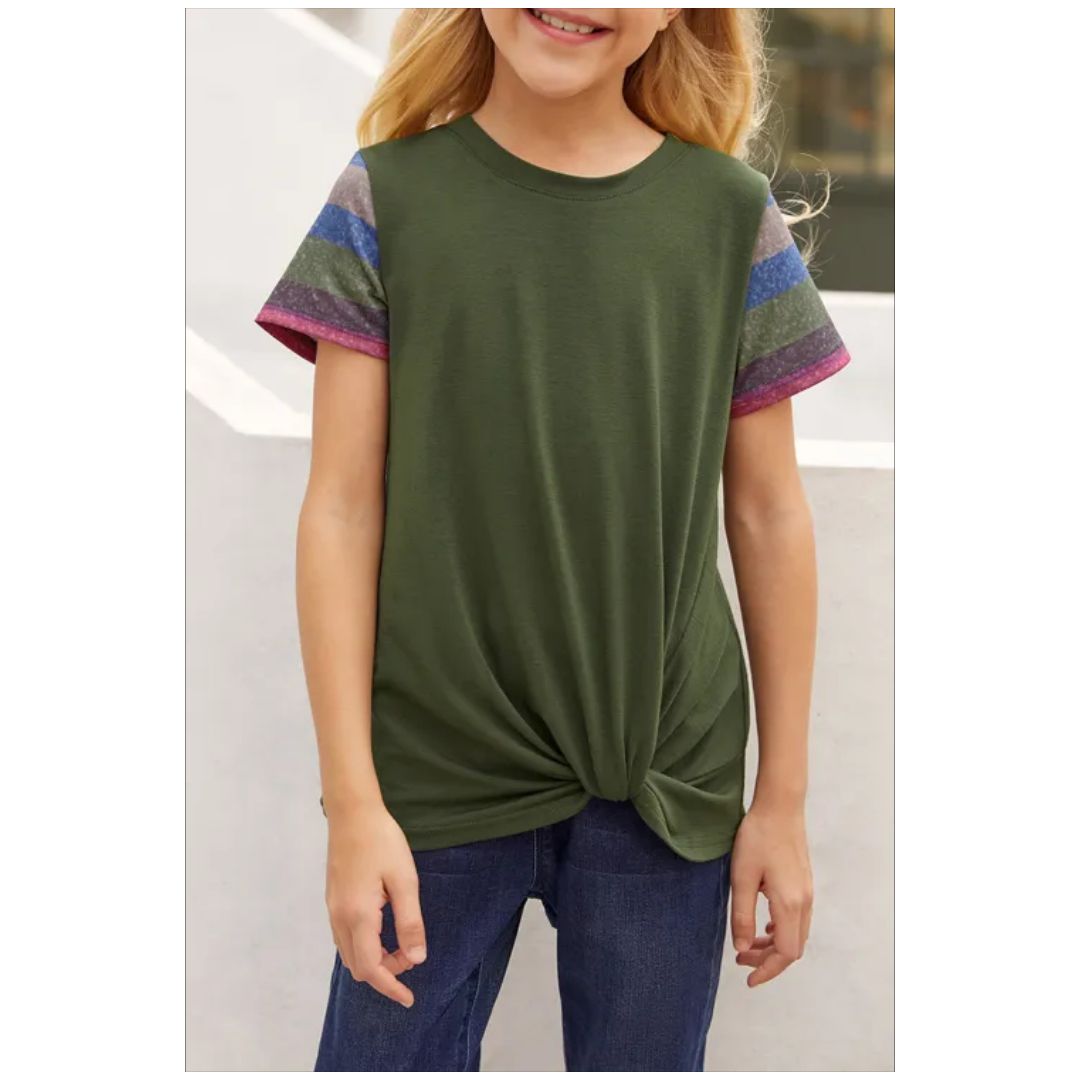 Mfed Olive Green Girls Striped Sleeves Tee