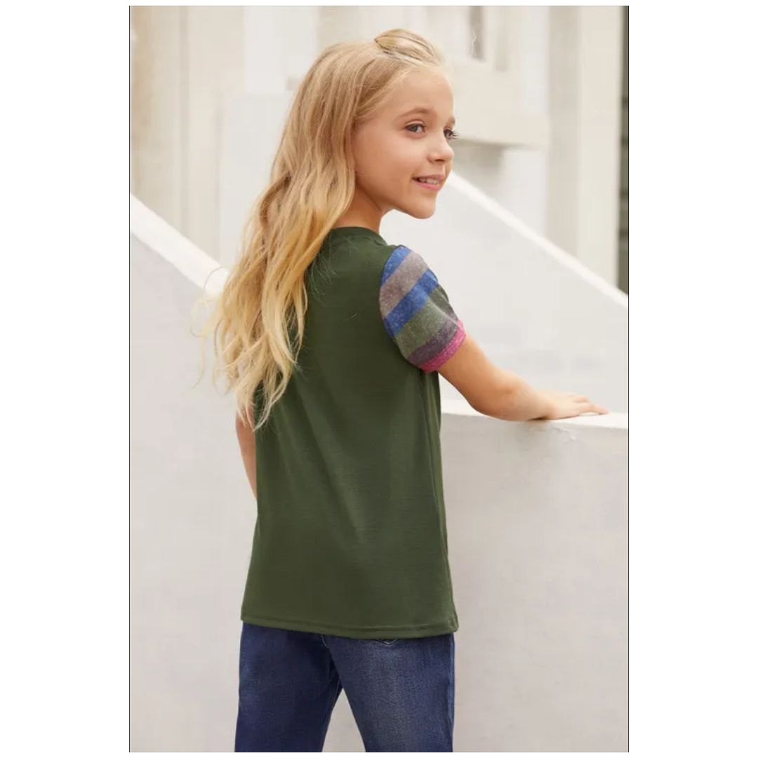 Mfed Olive Green Girls Striped Sleeves Tee