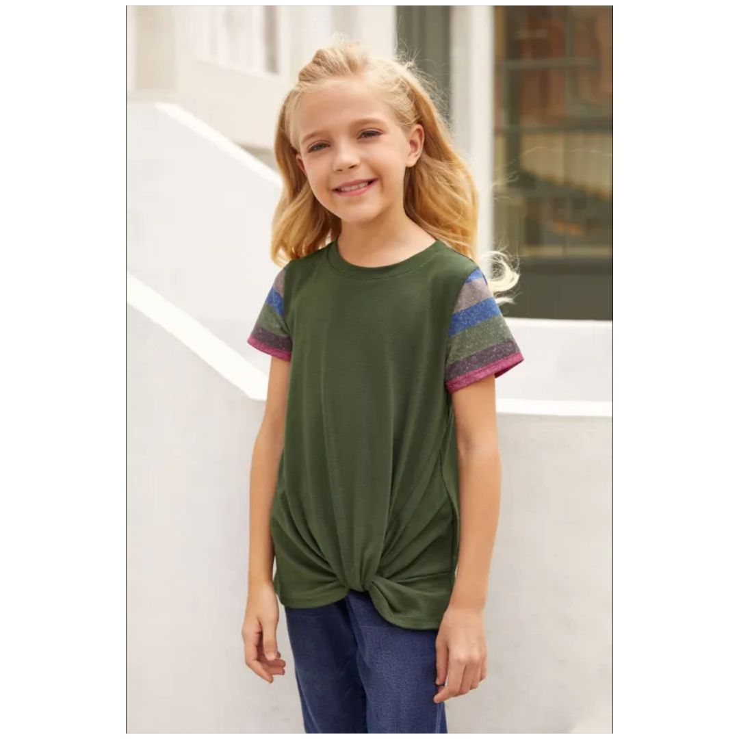Mfed Olive Green Girls Striped Sleeves Tee