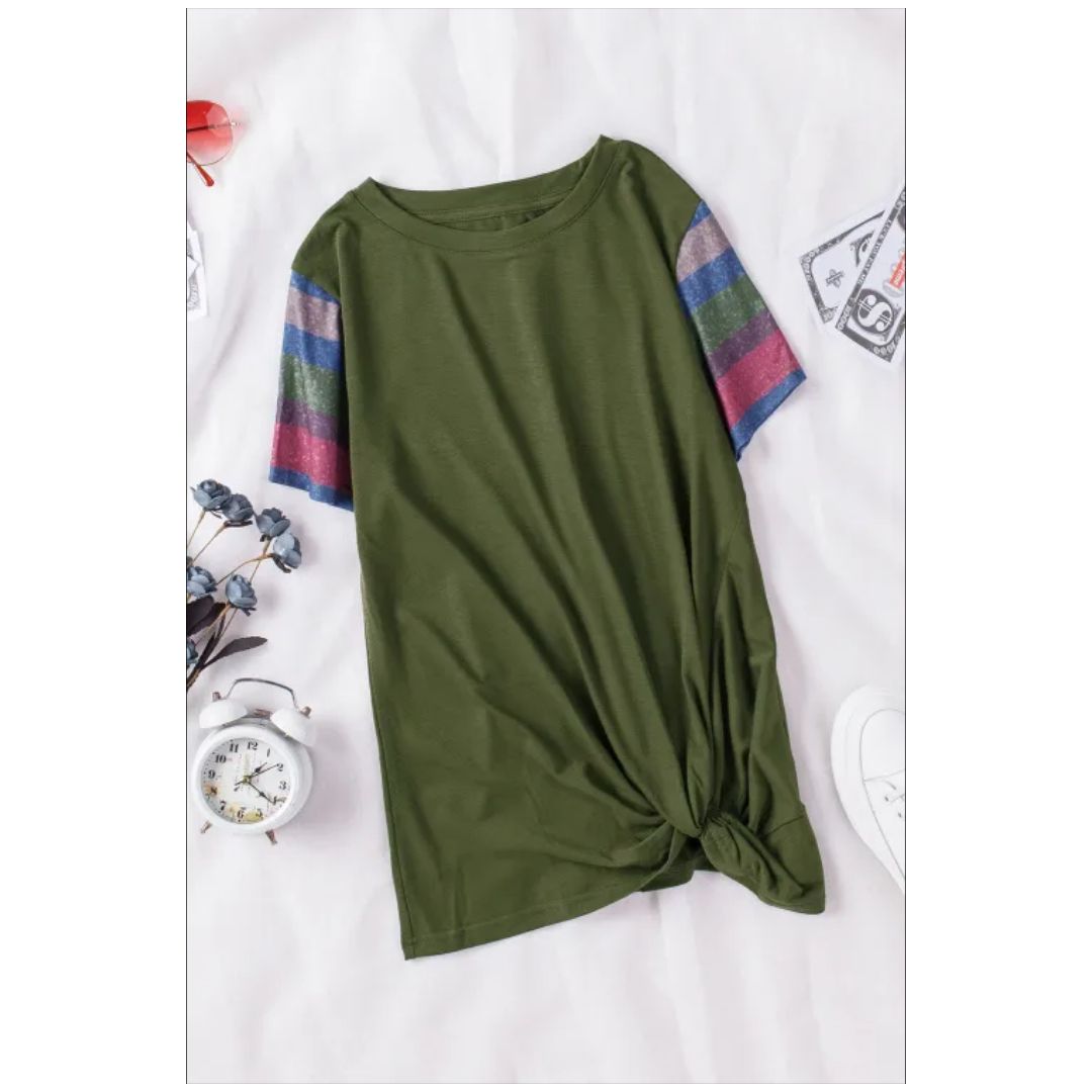 Mfed Olive Green Girls Striped Sleeves Tee