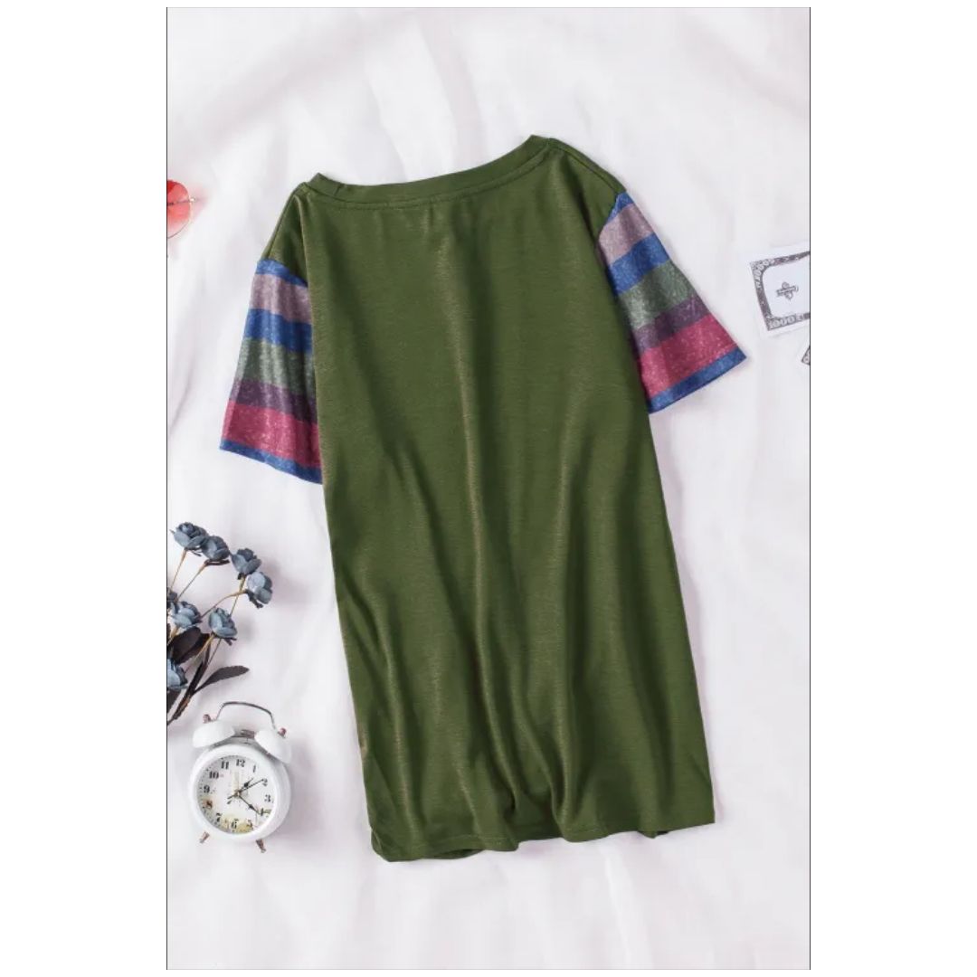 Mfed Olive Green Girls Striped Sleeves Tee