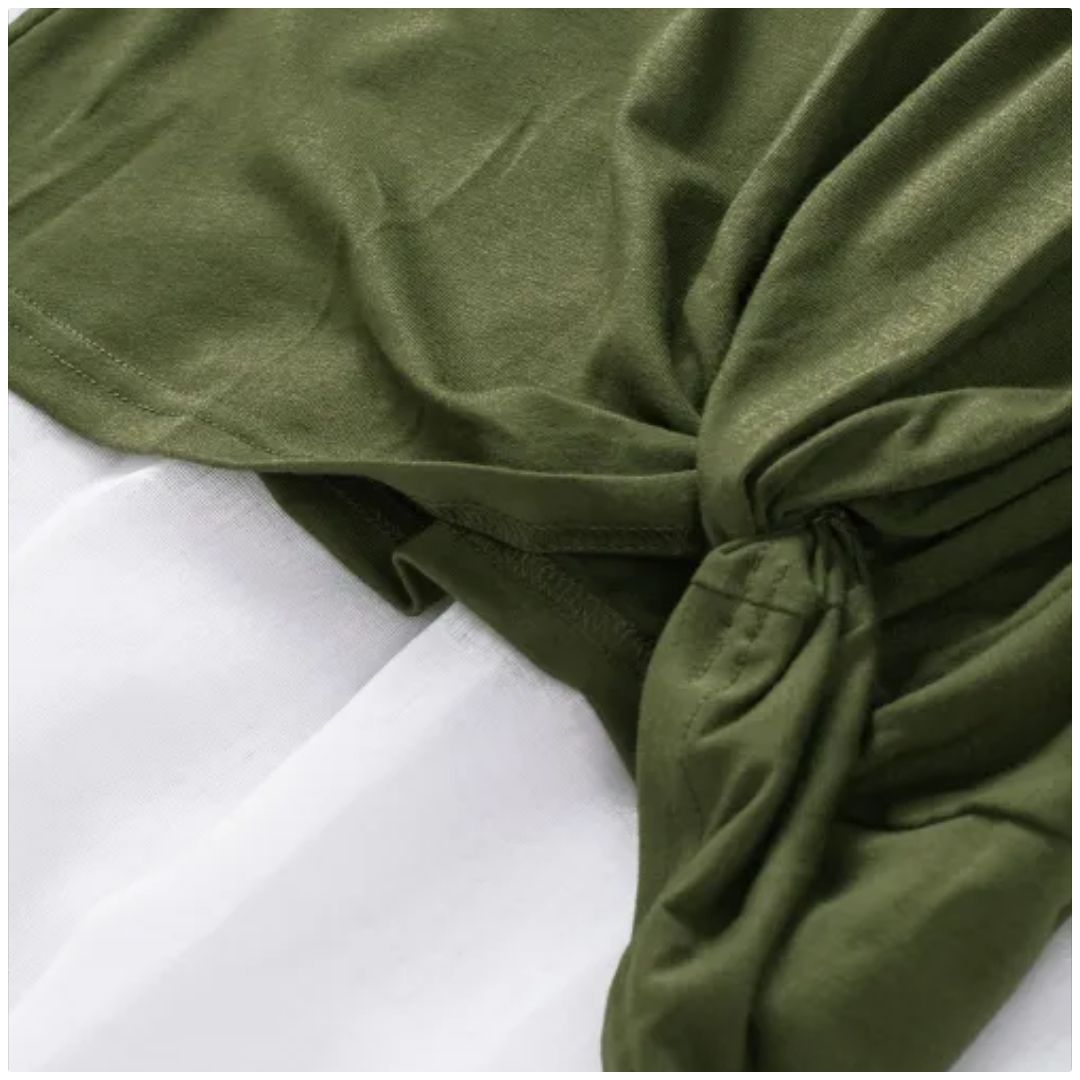 Mfed Olive Green Girls Striped Sleeves Tee