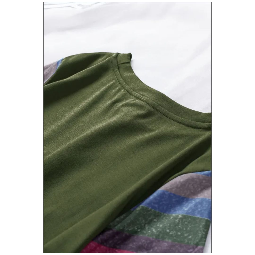 Mfed Olive Green Girls Striped Sleeves Tee