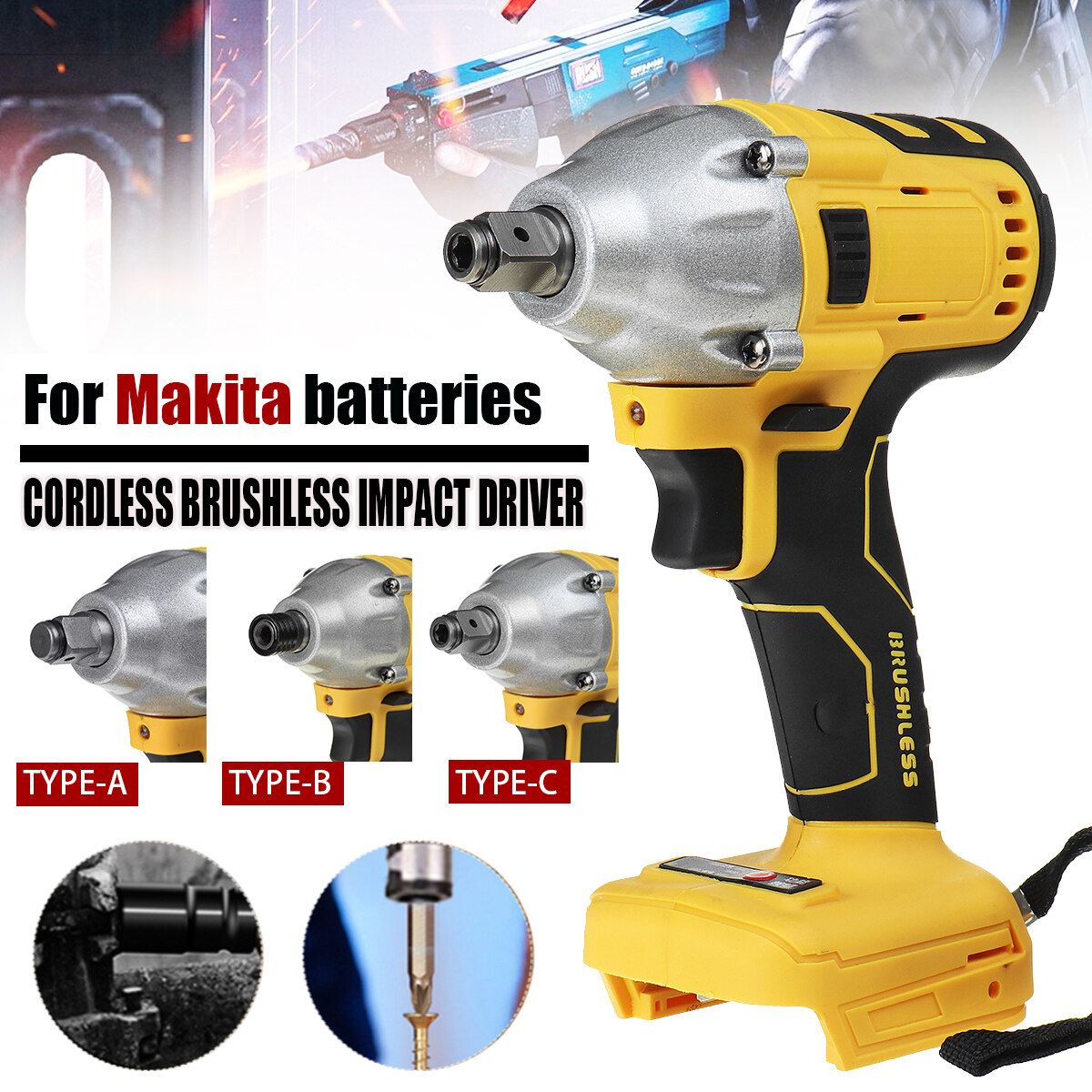 320N.m Yellow Cordless Brushless Impact Wrench Drill Drive Machine For A