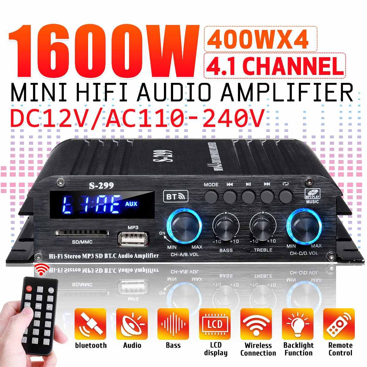 4*400W 4.1 Channel Power Amplifier Audio Karaoke Home Theater Amplifier Bluetooth Wireless Amplifier USB/SD AUX Remote Control