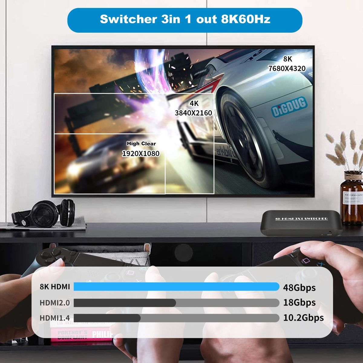 HDMI Switcher 8K 3 in 1 Out HDMI 2.1 Switcher 3 Port with IR Remote Support 8K 60Hz 4K 120Hz HDCP 2.3 for Xbox PS4 PS5 UHD TV Monitor Projector with Wire-Desktop Controller