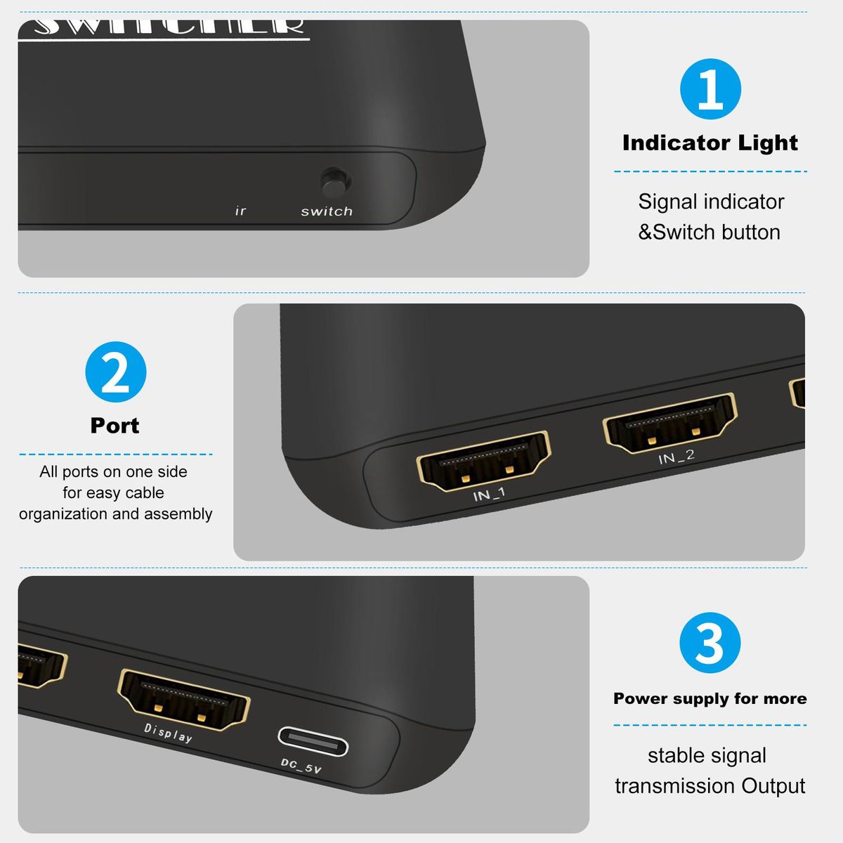 HDMI Switcher 8K 3 in 1 Out HDMI 2.1 Switcher 3 Port with IR Remote Support 8K 60Hz 4K 120Hz HDCP 2.3 for Xbox PS4 PS5 UHD TV Monitor Projector with Wire-Desktop Controller