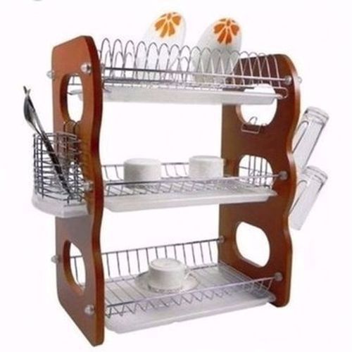 3 Layer Wooden/Stainless Dish Drainer With Utensils Holder