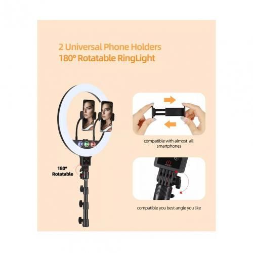 13" Music Control Ring Light +2 Phone Holder + Strong Tripod