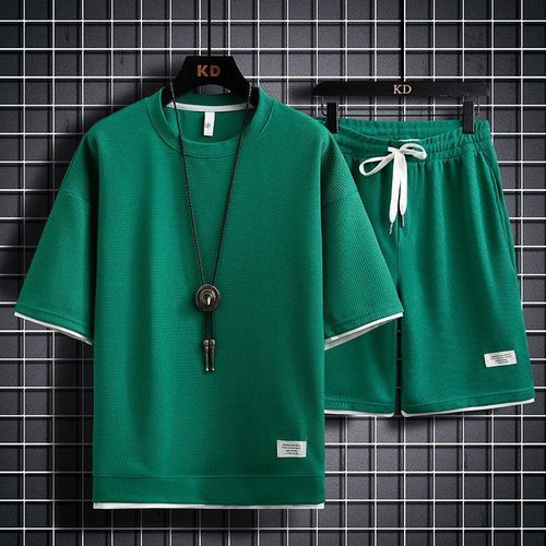 Ins Waffle Short Sleeve T-shirt Suit Boys' Loose Trend Five Point Pants Casual Sports Summer Clothes