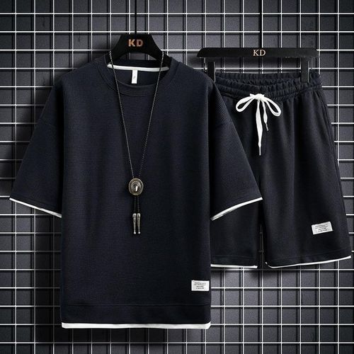 Ins Waffle Short Sleeve T-shirt Suit Boys' Loose Trend Five Point Pants Casual Sports Summer Clothes