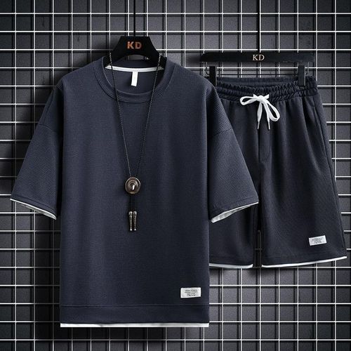 Ins Waffle Short Sleeve T-shirt Suit Boys' Loose Trend Five Point Pants Casual Sports Summer Clothes
