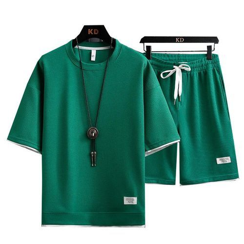 Ins Waffle Short Sleeve T-shirt Suit Boys' Loose Trend Five Point Pants Casual Sports Summer Clothes