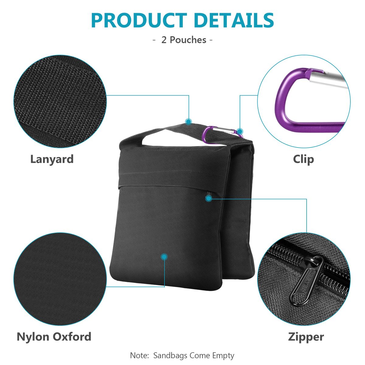 4-Pack Photography Sandbag Sand Bags Saddlebag Design 4 Weight Bags For Photo Video Studio Stand Backyard Outdoor Patio Sports, Transparent PP Bag And Clips Included (Black)