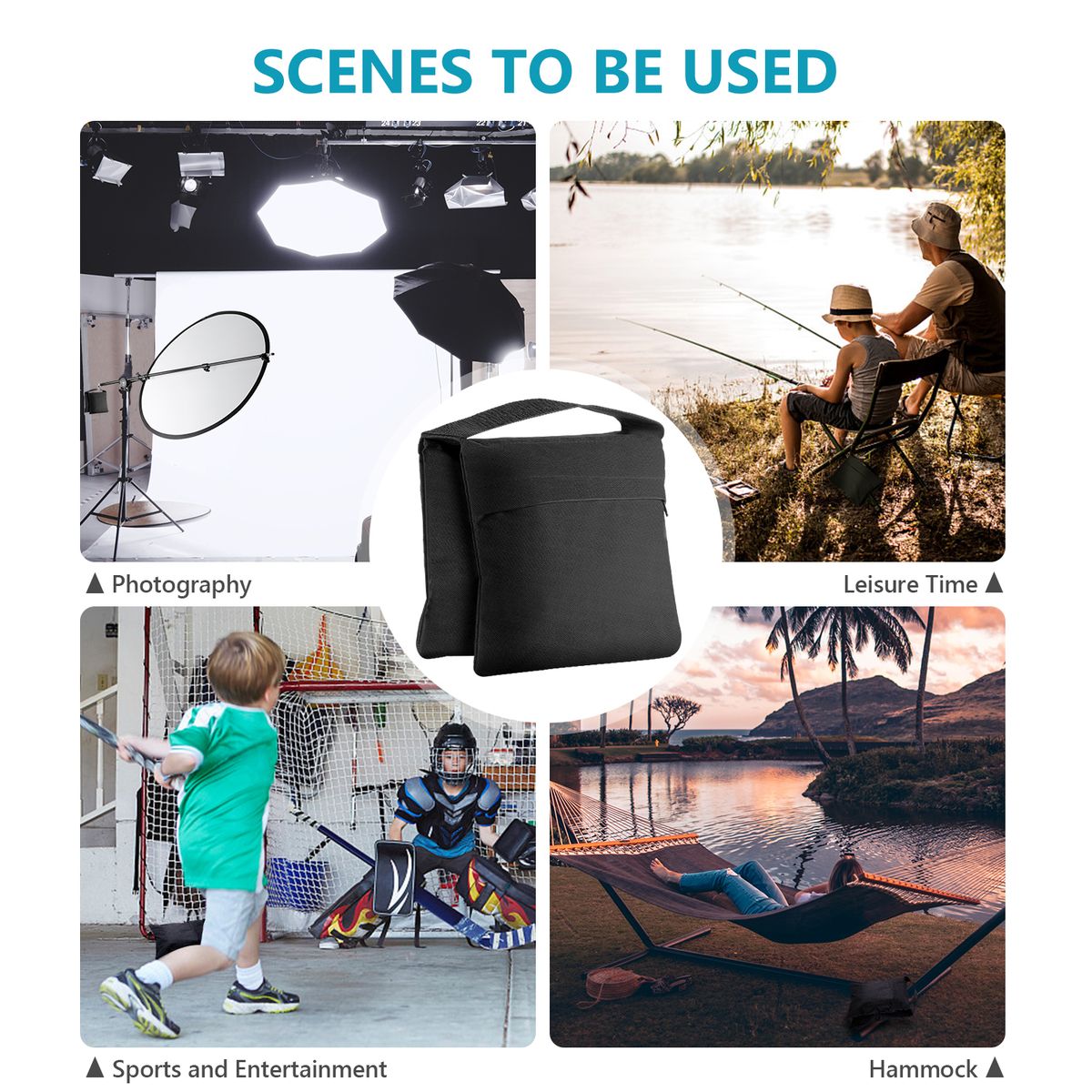 4-Pack Photography Sandbag Sand Bags Saddlebag Design 4 Weight Bags For Photo Video Studio Stand Backyard Outdoor Patio Sports, Transparent PP Bag And Clips Included (Black)