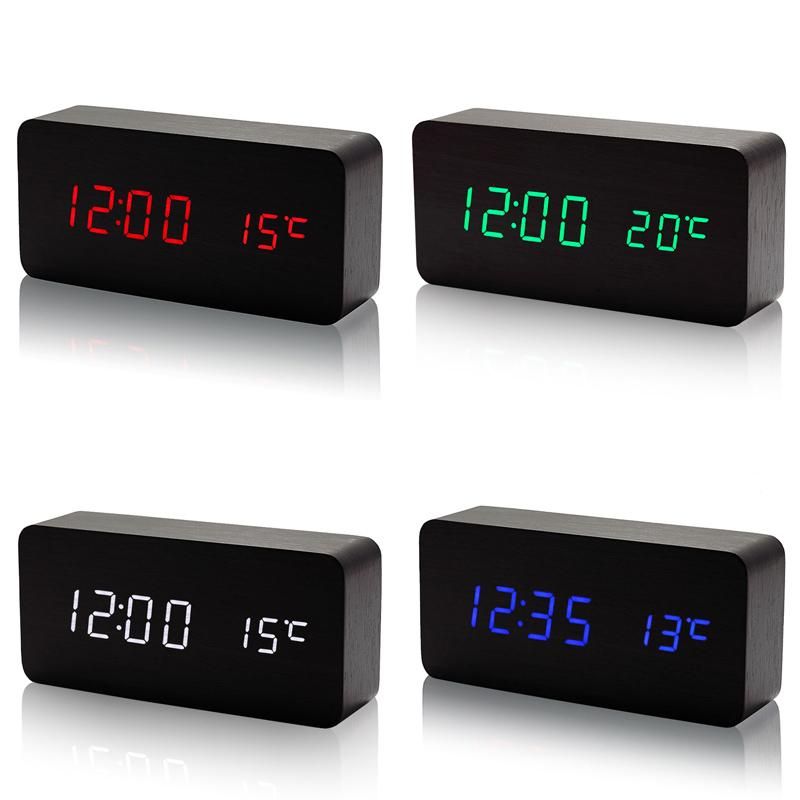 Electronic Desktop Digital Table Clocks LED Alarm Clock with Temperature Sounds Control Calendar LED Display ,Wooden