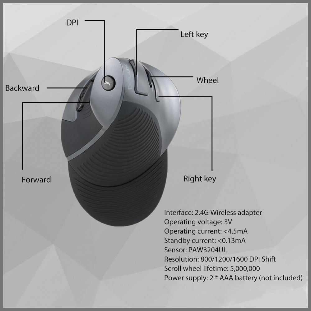 Delux 2.4G Wireless Ergonomic Vertical Optical Mouse Computer Mice Adjustable 1600 DPI 5D Buttons with Removable Palm Rest