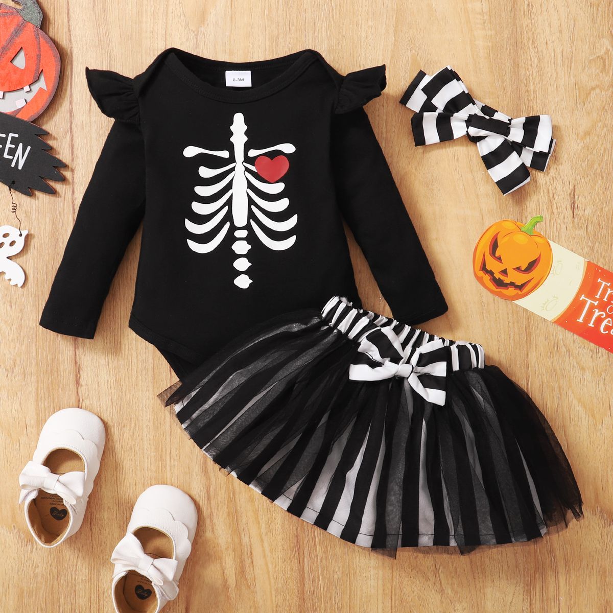 Halloween Baby Girl Skull Print Bodysuit+Skirt+Headband