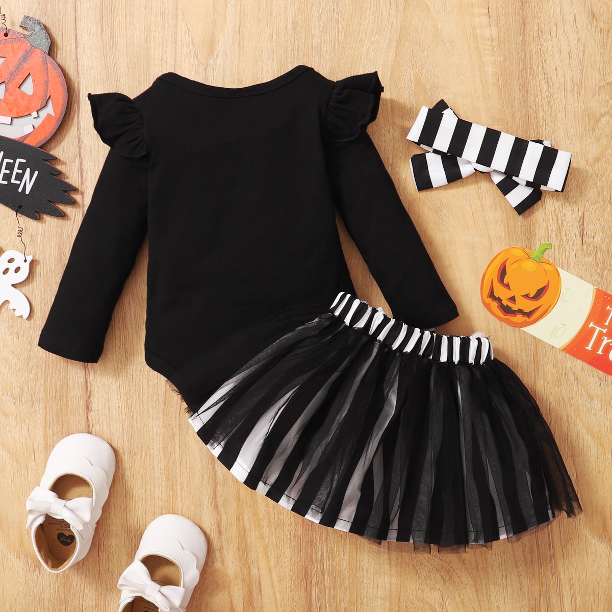 Halloween Baby Girl Skull Print Bodysuit+Skirt+Headband