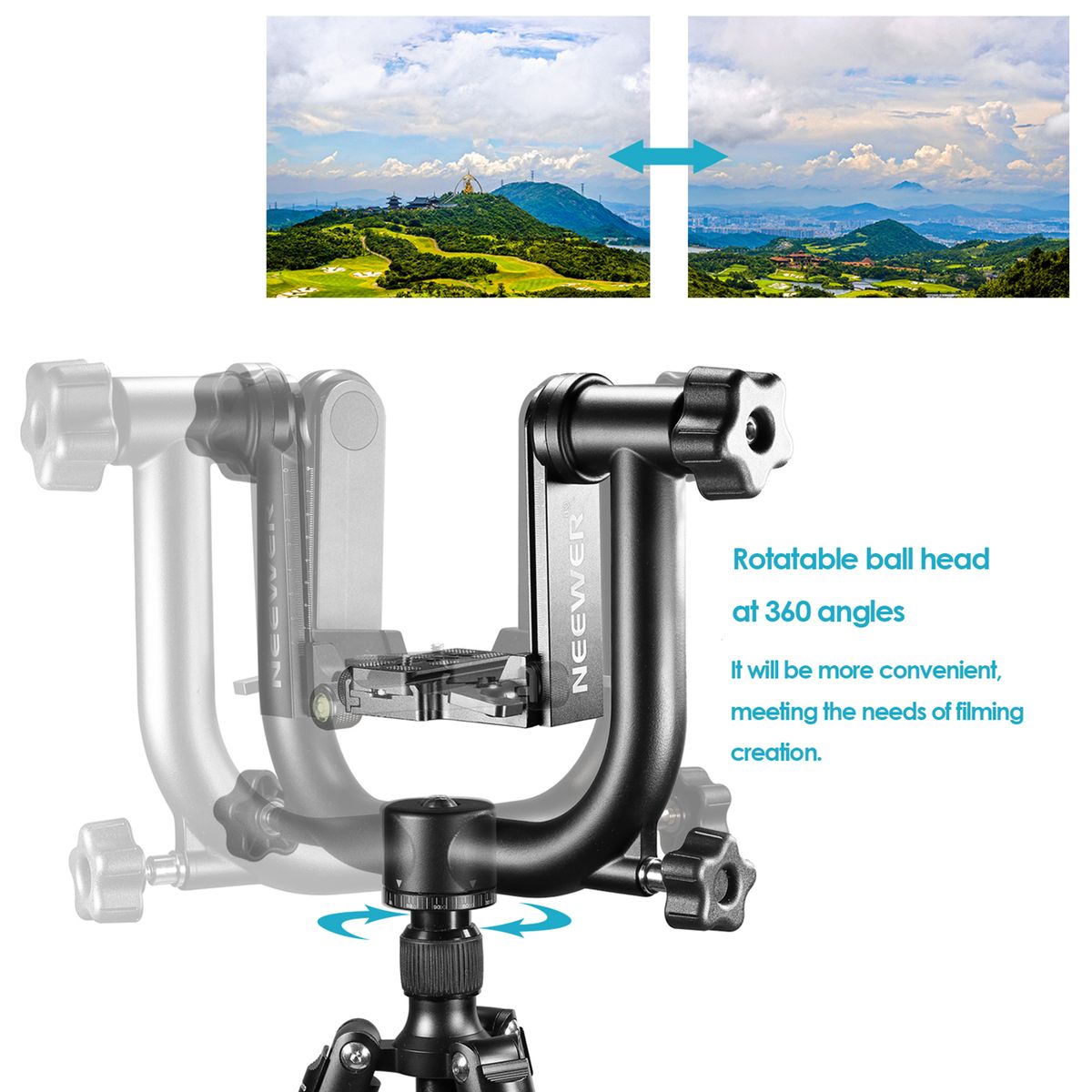 Professional Gimbal Tripod Head Heavy Duty Metal 360° Panoramic, With Standard 1/4" Arca Type Quick Release Plate And Bubble Level For DSLR Cameras Up To 30lb/13.6kg