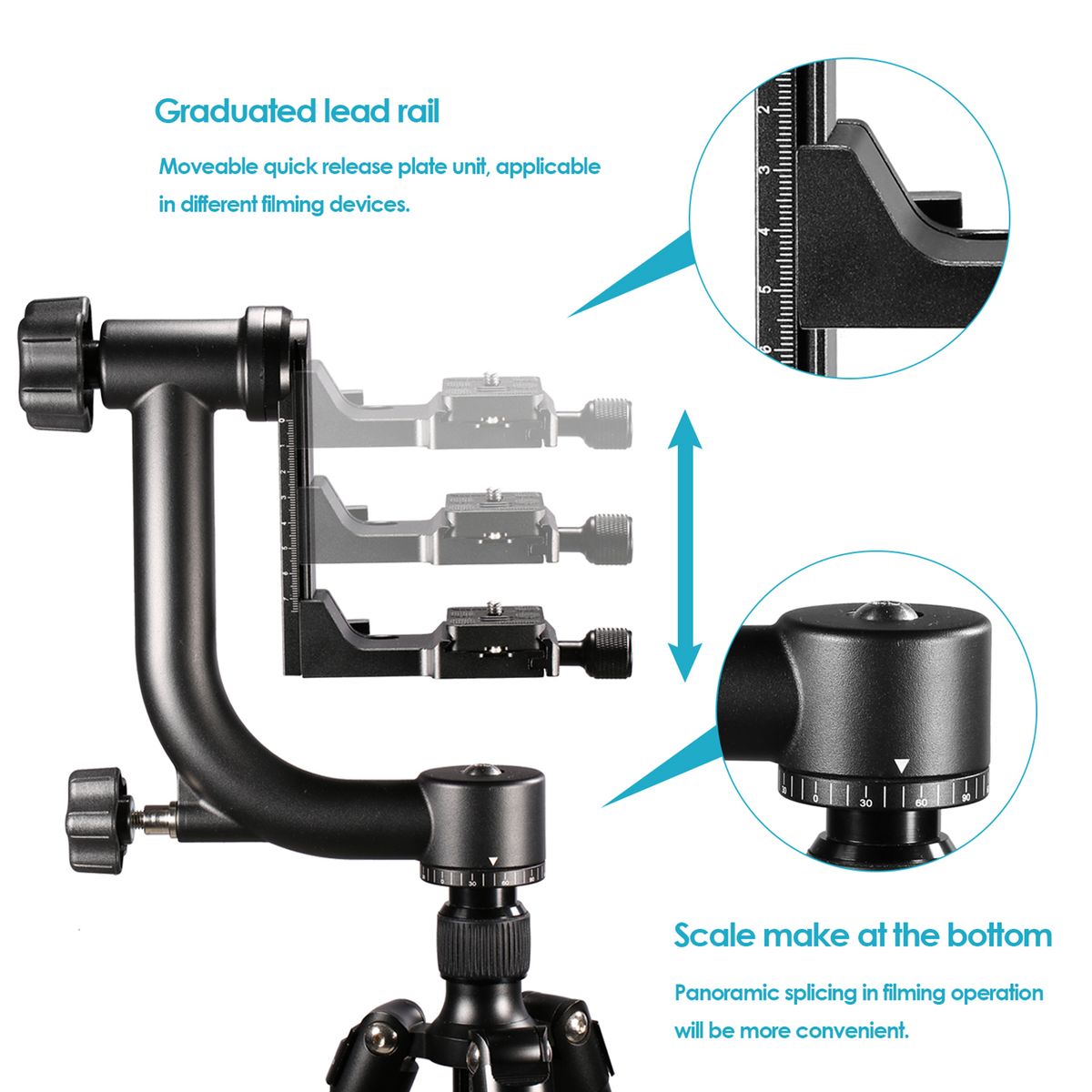 Professional Gimbal Tripod Head Heavy Duty Metal 360° Panoramic, With Standard 1/4" Arca Type Quick Release Plate And Bubble Level For DSLR Cameras Up To 30lb/13.6kg