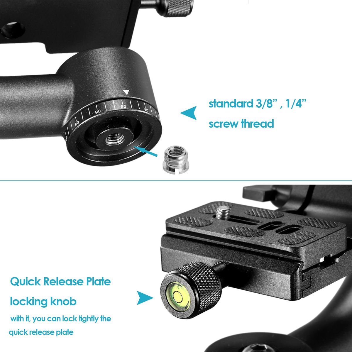 Professional Gimbal Tripod Head Heavy Duty Metal 360° Panoramic, With Standard 1/4" Arca Type Quick Release Plate And Bubble Level For DSLR Cameras Up To 30lb/13.6kg