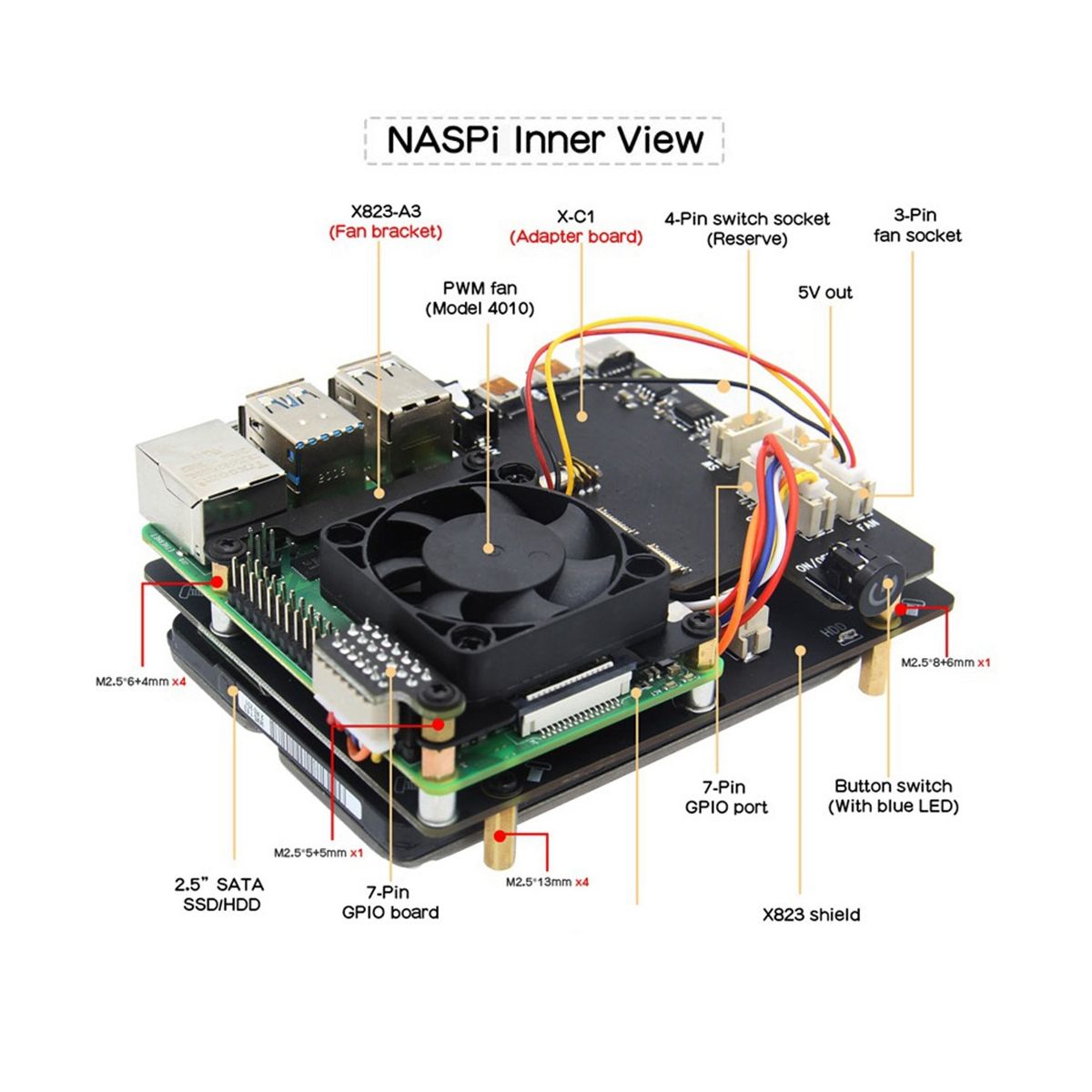 NASPi Kit+Metal Case+X823 Expansion Board+X-C1 Board+PWM