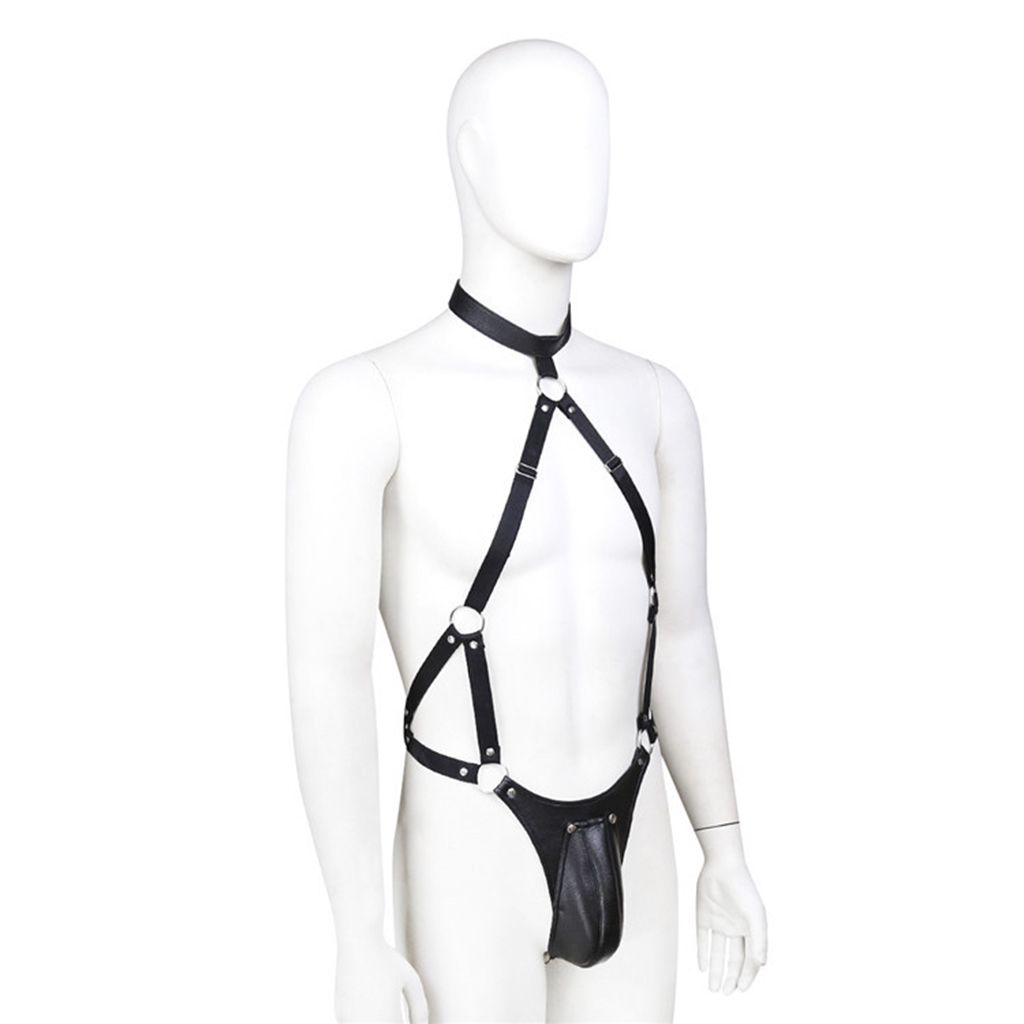 PU Leather Harness Belt Mankini  Cosplay Bodysuit Scrotal Support