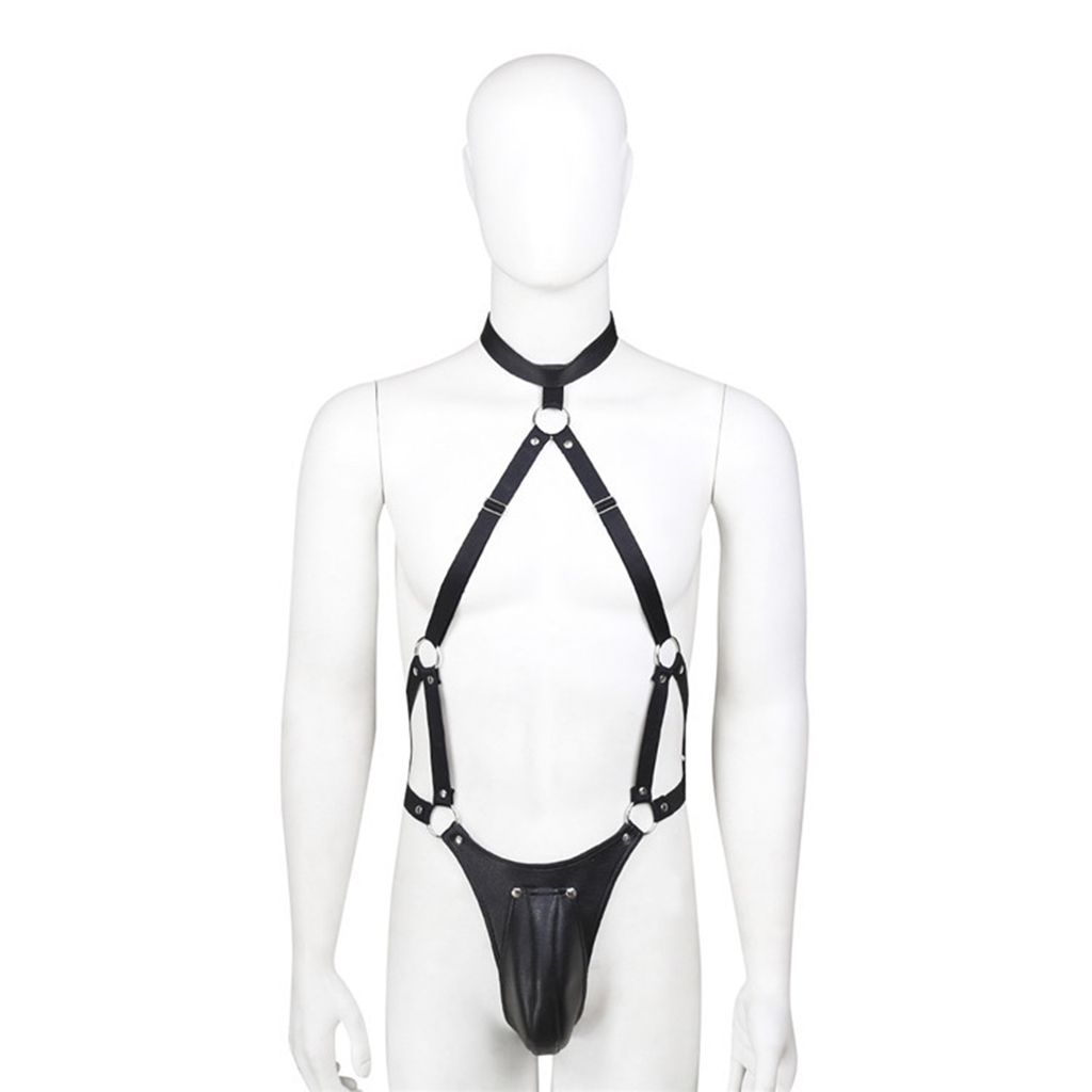 PU Leather Harness Belt Mankini  Cosplay Bodysuit Scrotal Support