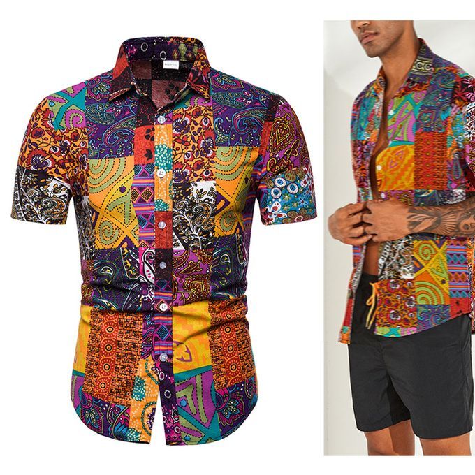 Mens Patterned Vintage T-shirts Beach Floral Short Sleeve Shirts Polo