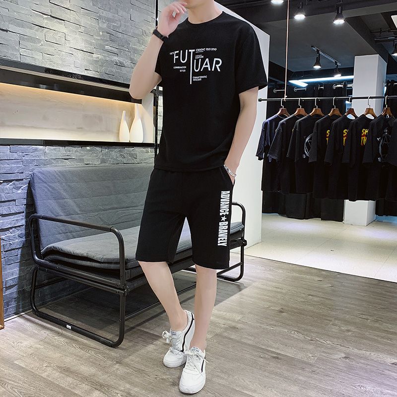 Men's 2 In 1 Short Sleeve T-Shirt & Shorts Set- Black