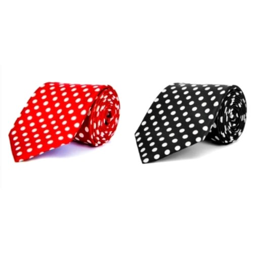 Set Of 2 Men's Dotted Long Ties  With Pocket Squares  - Red And Black