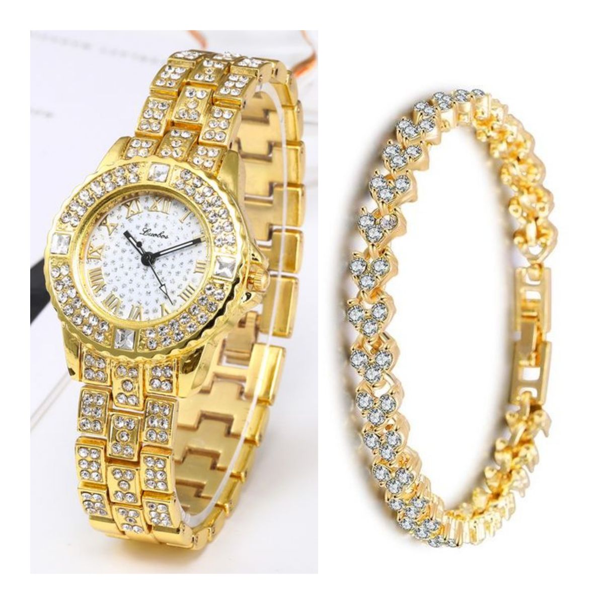 2 In 1 Rhinestone Women Female Wrist Watch And Gold Bracelet