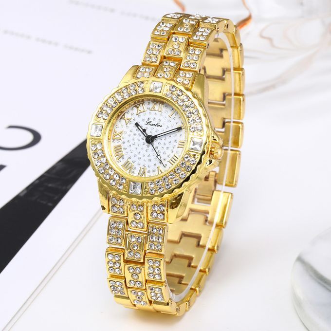 2 In 1 Rhinestone Women Female Wrist Watch And Gold Bracelet