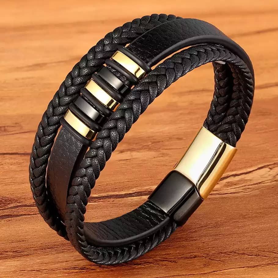 Classic Men Unisex Leather 3 Layer Bracelet-Black