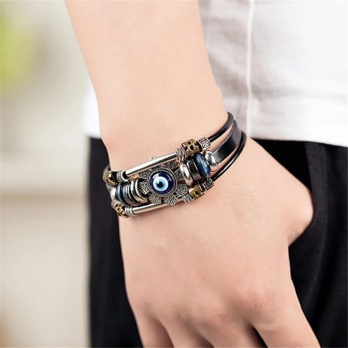 Classic Men Unisex Leather 3 Layer Blue Eye Bracelet