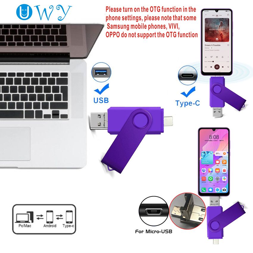 128GB  3In1 OTG USB 2.0 Flash Drive For PC & Android