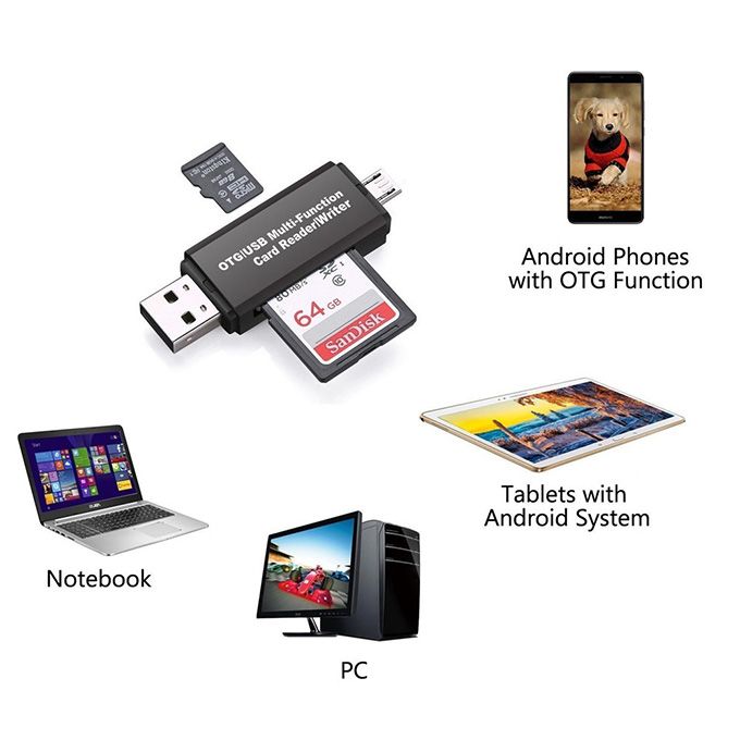 SD Card TF Card Reader USB & Android OTG 4 In 1 Black