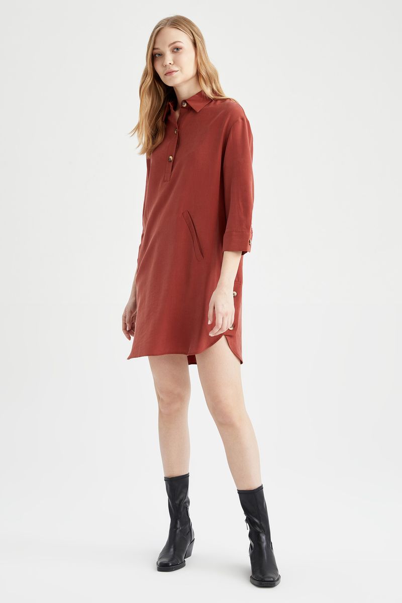 Woman Casual A Line Shirt Neck Long Sleeve Woven Dress - Brown